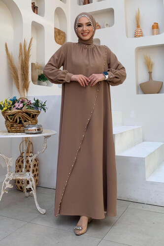 Çapraz Parça Görünümlü İncili Elbise 3879 Vizon - Bym Fashion