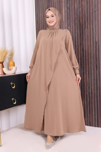 Çapraz Parça Görünümlü İncili Elbise 3879 Vizon 