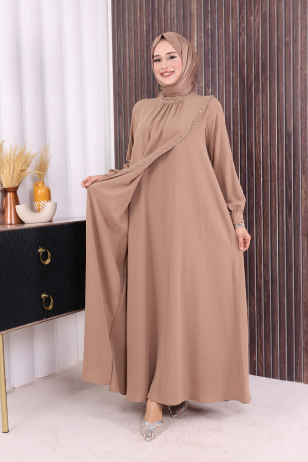 Çapraz Parça Görünümlü İncili Elbise 3879 Vizon - 3