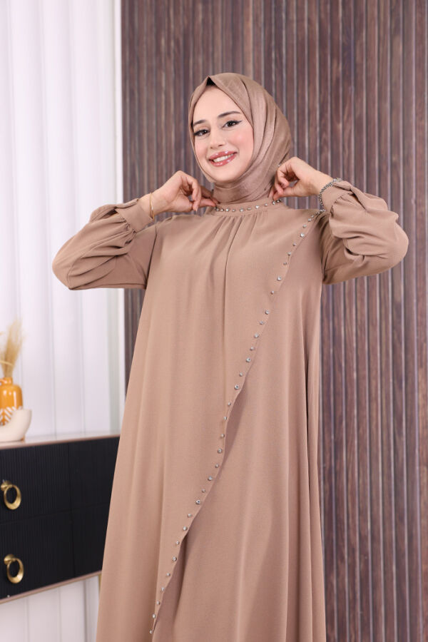 Çapraz Parça Görünümlü İncili Elbise 3879 Vizon - 5