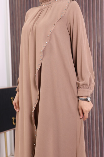 Çapraz Parça Görünümlü İncili Elbise 3879 Vizon - 6