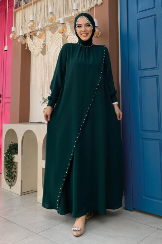 Çapraz Parça Görünümlü İncili Elbise 3879 Zümrüt - Bym Fashion