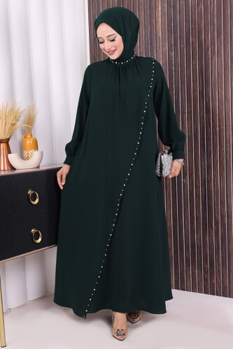 Çapraz Parça Görünümlü İncili Elbise 3879 Zümrüt 
