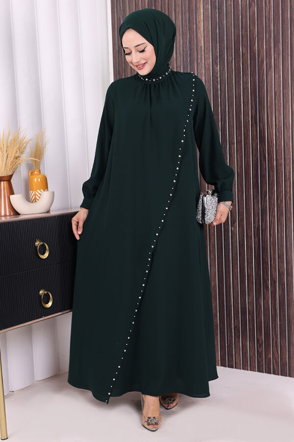 Çapraz Parça Görünümlü İncili Elbise 3879 Zümrüt - 1