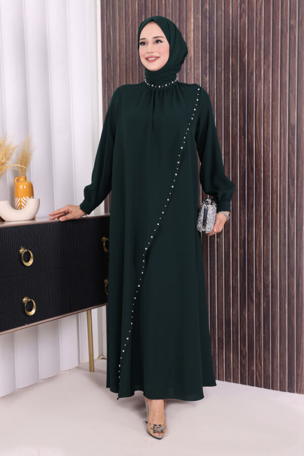 Çapraz Parça Görünümlü İncili Elbise 3879 Zümrüt - 2