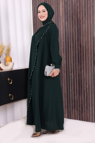 Çapraz Parça Görünümlü İncili Elbise 3879 Zümrüt - 3