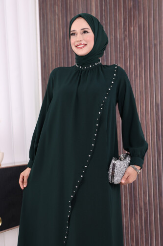 Çapraz Parça Görünümlü İncili Elbise 3879 Zümrüt - 5