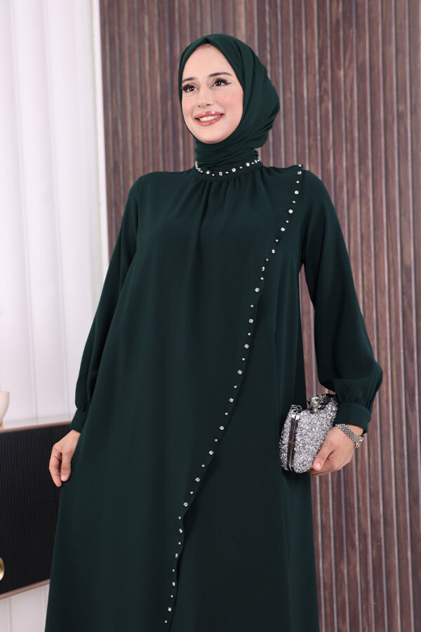 Çapraz Parça Görünümlü İncili Elbise 3879 Zümrüt - 5