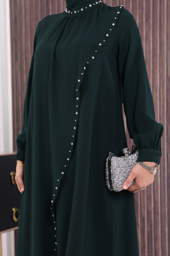 Çapraz Parça Görünümlü İncili Elbise 3879 Zümrüt - 6