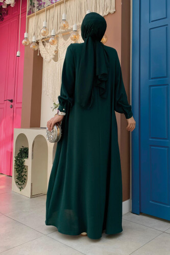 Çapraz Parça Görünümlü İncili Elbise 3879 Zümrüt - 8