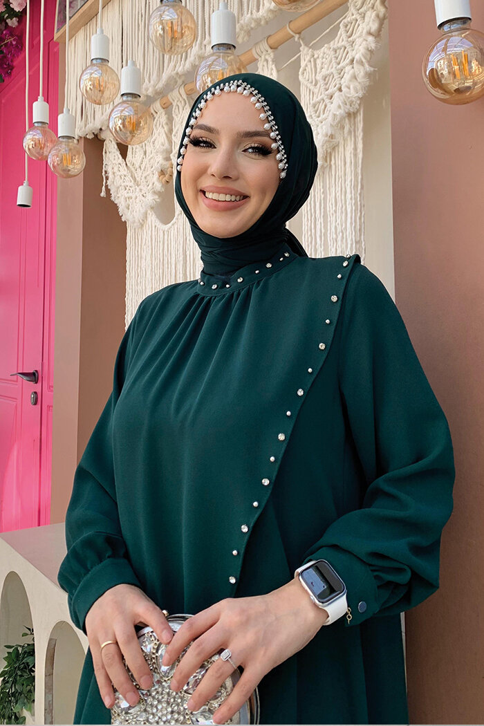 Çapraz Parça Görünümlü İncili Elbise 3879 Zümrüt - 10