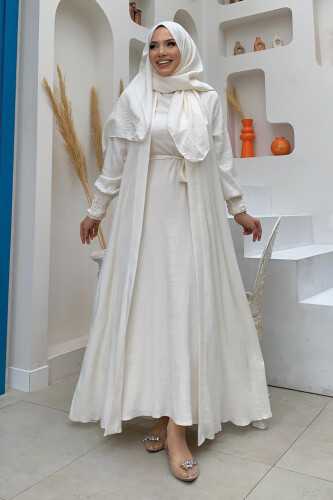 Şallı Elbiseli Abaya Takım 3883 Ekru - bym fashion
