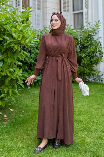 Şallı Elbiseli Abaya Takım 3883 Kahverengi 