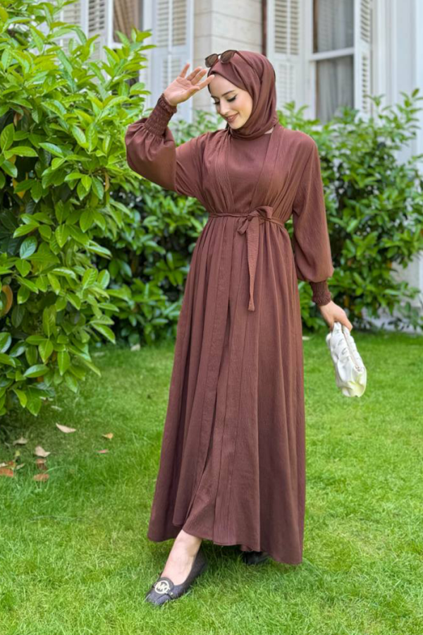 Şallı Elbiseli Abaya Takım 3883 Kahverengi - 2