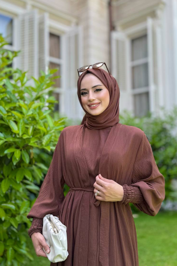 Şallı Elbiseli Abaya Takım 3883 Kahverengi - 3