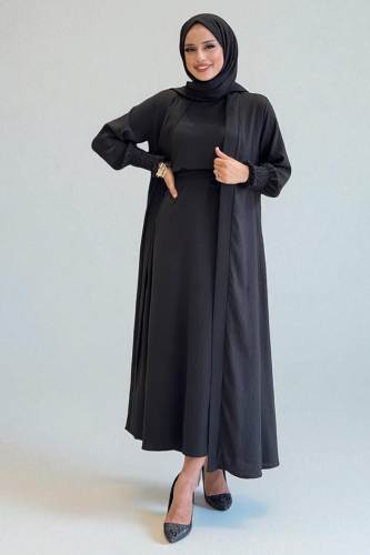 Şallı Elbiseli Abaya Takım 3883 Siyah 