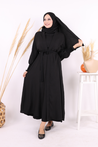Şallı Elbiseli Abaya Takım 3883 Siyah 