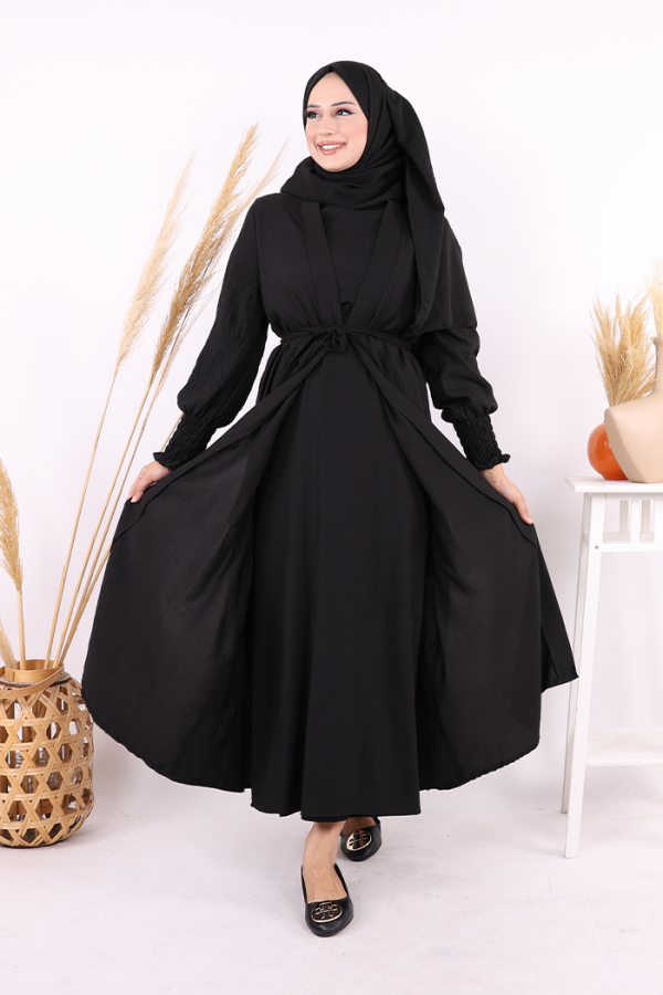 Şallı Elbiseli Abaya Takım 3883 Siyah - 2