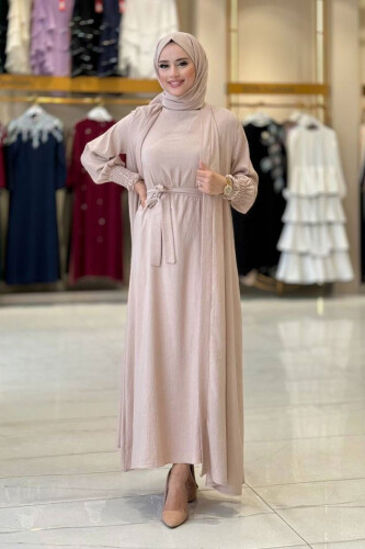 Şallı Elbiseli Abaya Takım 3883 Vizon - Bym Fashion