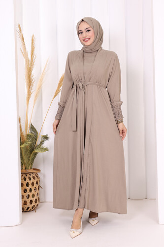 Şallı Elbiseli Abaya Takım 3883 Vizon - 4