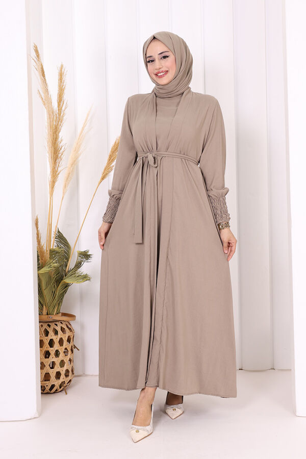 Şallı Elbiseli Abaya Takım 3883 Vizon - 4