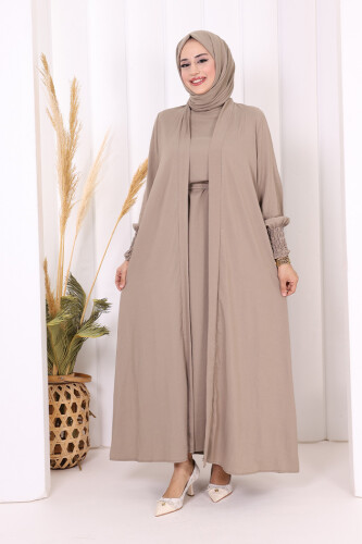 Şallı Elbiseli Abaya Takım 3883 Vizon 