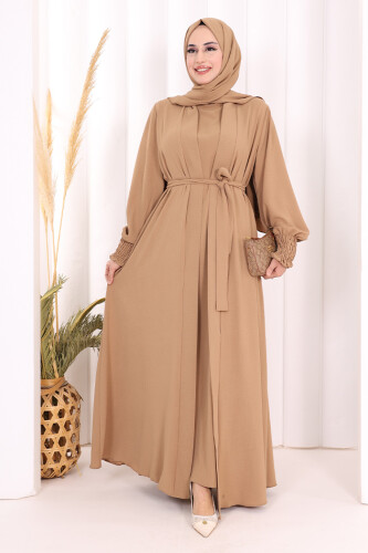 Elbiseli Abaya Takım ŞAL HEDİYE 3883 Vizon