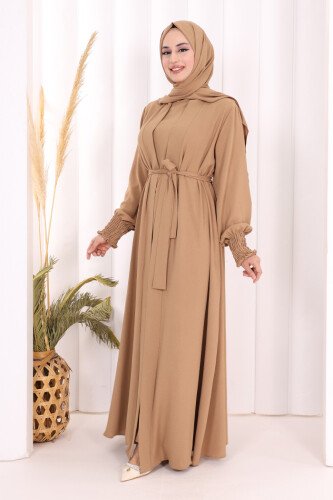 Elbiseli Abaya Takım ŞAL HEDİYE 3883 Vizon - 3