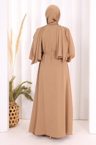 Elbiseli Abaya Takım ŞAL HEDİYE 3883 Vizon - 4