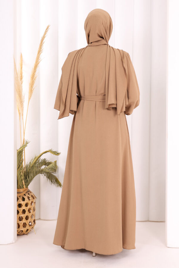 Elbiseli Abaya Takım ŞAL HEDİYE 3883 Vizon - 4