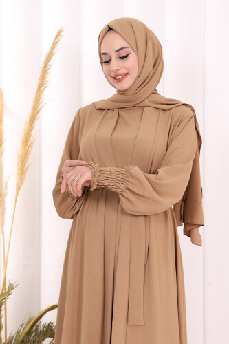 Elbiseli Abaya Takım ŞAL HEDİYE 3883 Vizon - 5