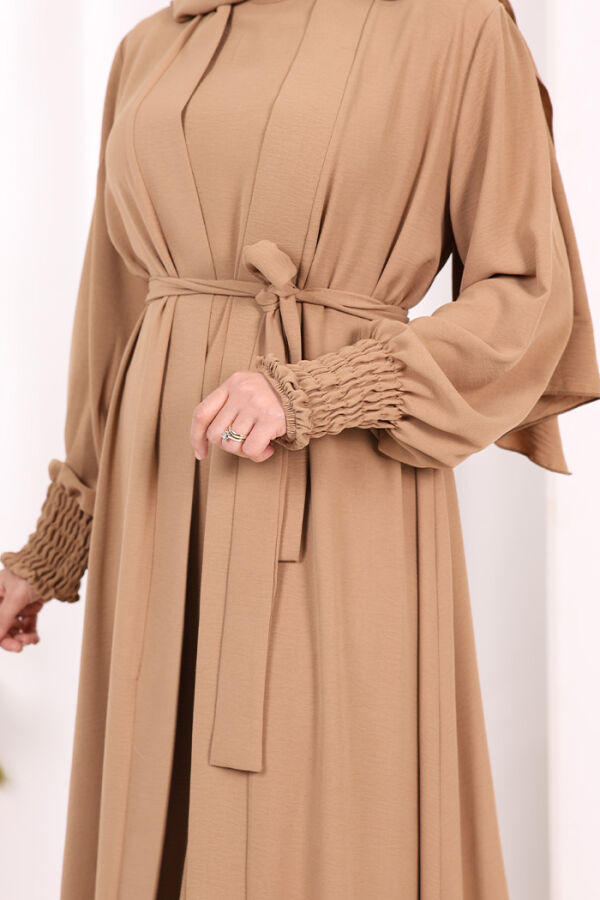 Elbiseli Abaya Takım ŞAL HEDİYE 3883 Vizon - 6