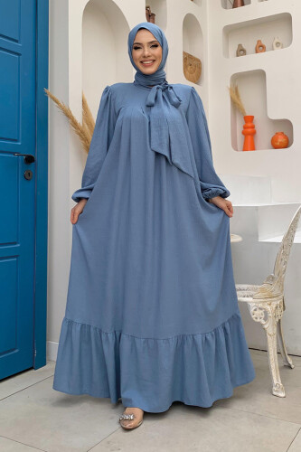 Yakası Bağlama Detaylı Şal Elbise İkili Takım 3885 İndigo - 1