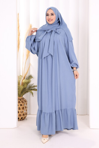 Yakası Bağlama Detaylı Elbise ŞAL HEDİYE  3885 İndigo