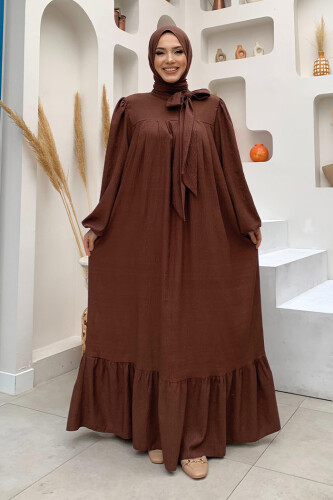 Yakası Bağlama Detaylı Şal Elbise İkili Takım 3885 Kahverengi - 1