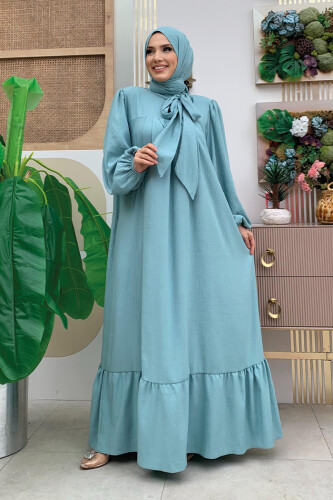 Yakası Bağlama Detaylı Şal Elbise İkili Takım 3885 Mint - 1