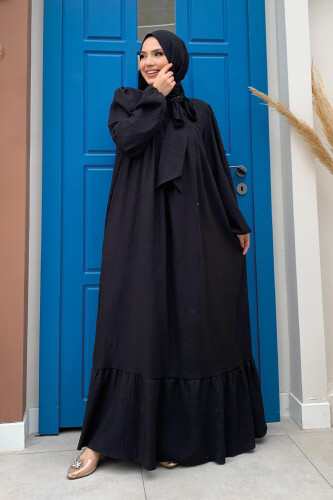 Yakası Bağlama Detaylı Şal Elbise İkili Takım 3885 Siyah 