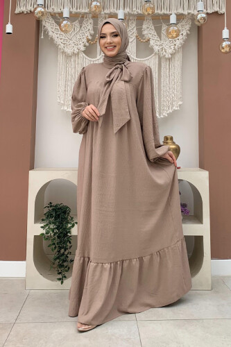 Yakası Bağlama Detaylı Şal Elbise İkili Takım 3885 Vizon - Bym Fashion