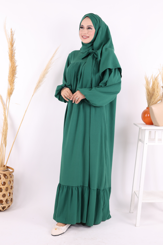 Yakası Bağlama Detaylı Şal Elbise İkili Takım 3885 Zümrüt - Bym Fashion