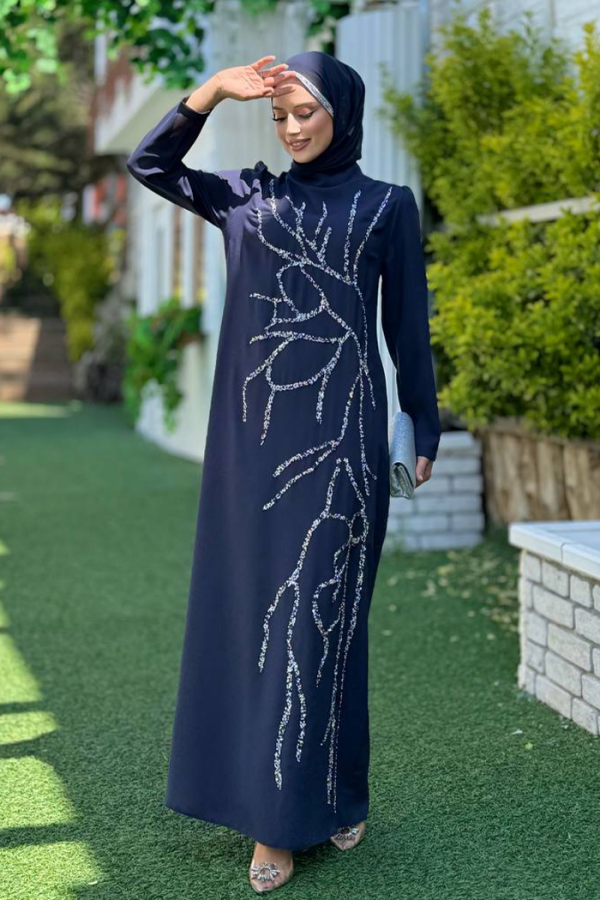 Taş İşleme Desenli Elbise 3889 Lacivert - 1