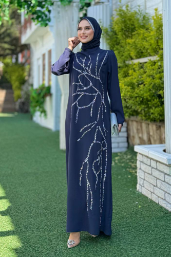 Taş İşleme Desenli Elbise 3889 Lacivert - 3