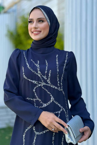 Taş İşleme Desenli Elbise 3889 Lacivert - 4