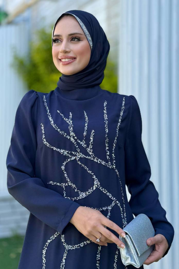 Taş İşleme Desenli Elbise 3889 Lacivert - 4