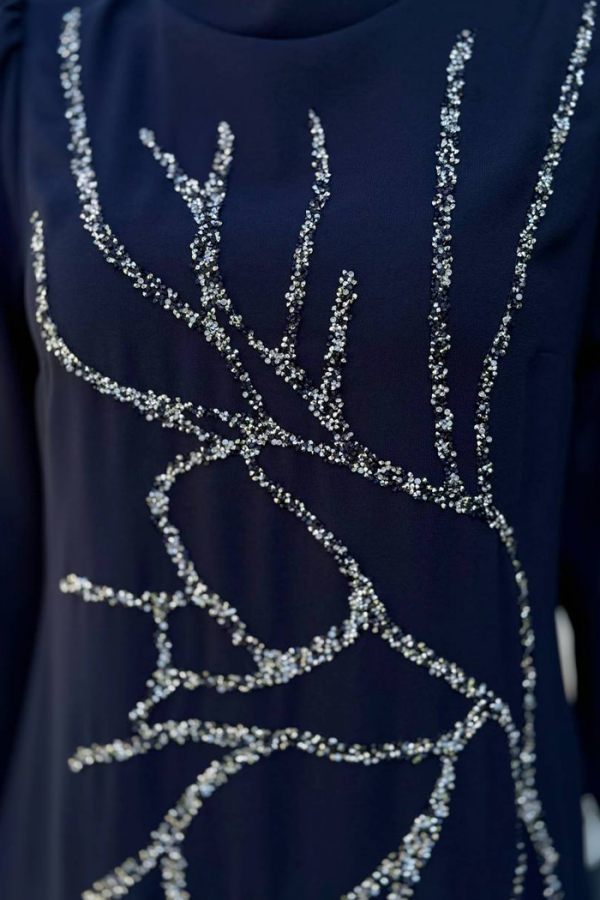 Taş İşleme Desenli Elbise 3889 Lacivert - 5