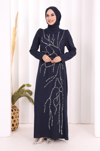 Taş İşleme Desenli Elbise 3889 Lacivert