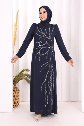 Taş İşleme Desenli Elbise 3889 Lacivert - 2
