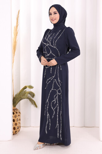 Taş İşleme Desenli Elbise 3889 Lacivert - 3