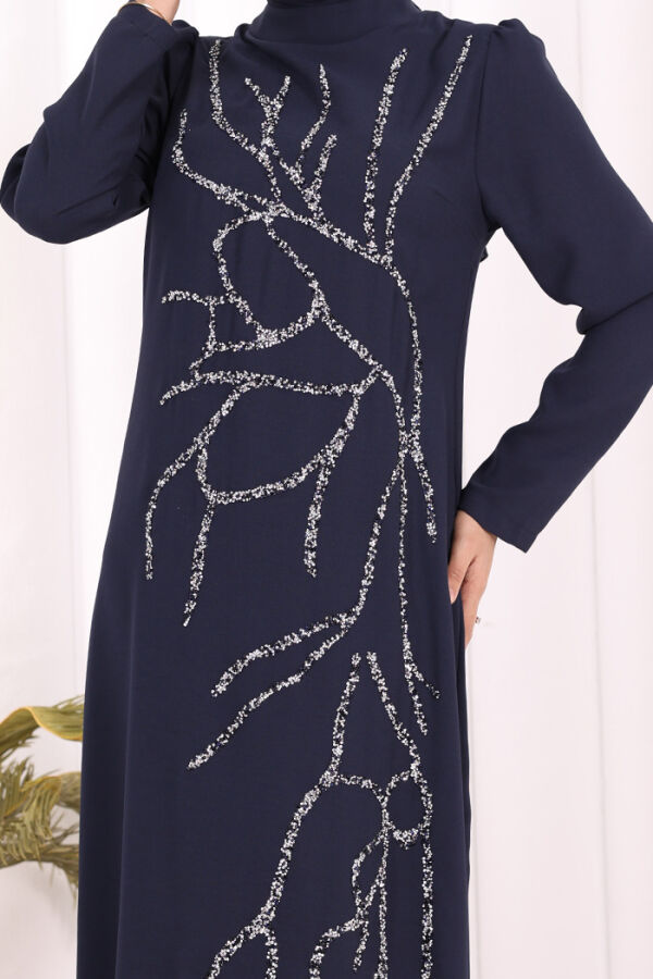 Taş İşleme Desenli Elbise 3889 Lacivert - 6