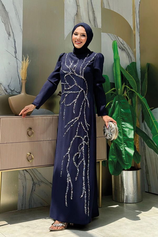 Taş İşleme Desenli Elbise 3889 Lacivert - 3
