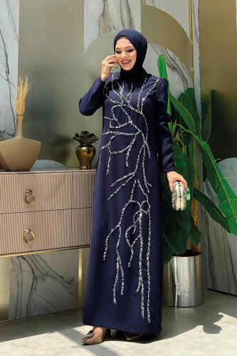 Taş İşleme Desenli Elbise 3889 Lacivert 